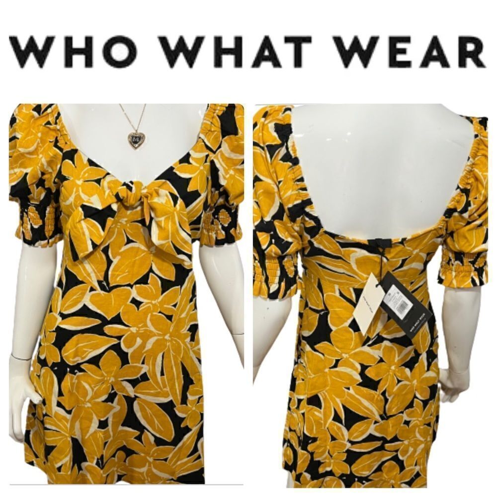 NWT Who What Wear Black/Yellow Linen Floral Print Puff Sleeve Dress - XS - Picture 3 of 16